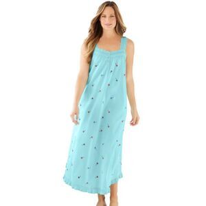 NEW Embroidered Blue Plus Sz 2X Sleeveless Roomy Lounge Night Gown DREAMS & CO